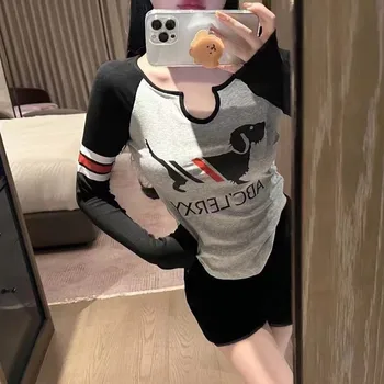 TB BROWİN Kadın yazlık t-Shirt Köpek Mektup pamuklu uzun kollu tişört Üst İnce Kore Tasarım Hayvan Üst Seksi