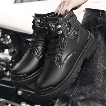 Tek Pamuklu Botlar Erkekler Sonbahar ve Kış Yeni Yüksek top İngiliz Tarzı erkek ayakkabıları Siyah Deri Rahat İş Çizmeleri