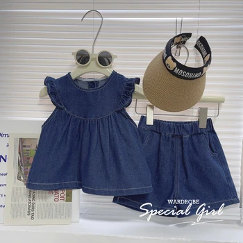 Toddler Kız Denim Giyim Seti Katı Moda Giyim Seti Yaz Rahat Çocuk Giyim Yüksek Kaliteli Tasarımcı Çocuk Giysileri
