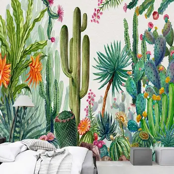 Tropikal bitkiler İskandinav kaktüs 3D çiçekler oturma odası yatak odası özel kendinden yapışkanlı duvar kağıdı duvar