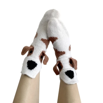 Unisex Noel Yenilik Karikatür Buzağı Çorap Tığ Örgü Sivilceli Köpek 3D Yavru Kulaklar Komik Hayvan Kat Terlik Çorap