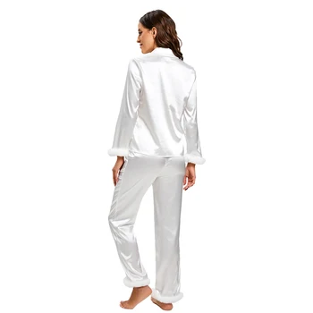 Uzun kollu Pantolon Bayanlar Pijama Takım Elbise Buz İpek Ev Giyim Kadın gecelik Düz Renk kadın Ev Kıyafeti 1