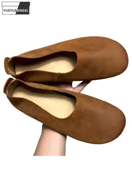 Vintage Erkek Yumuşak Deri Loafer'lar Üzerinde Kayma Rahat İnek Hakiki deri ayakkabı Yuvarlak Ayak El Yapımı Rahat Daireler sürüş ayakkabısı