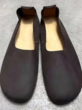 Vintage Erkek Yumuşak Deri Loafer'lar Üzerinde Kayma Rahat İnek Hakiki deri ayakkabı Yuvarlak Ayak El Yapımı Rahat Daireler sürüş ayakkabısı 1