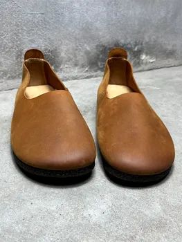 Vintage Erkek Yumuşak Deri Loafer'lar Üzerinde Kayma Rahat İnek Hakiki deri ayakkabı Yuvarlak Ayak El Yapımı Rahat Daireler sürüş ayakkabısı 2