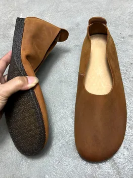 Vintage Erkek Yumuşak Deri Loafer'lar Üzerinde Kayma Rahat İnek Hakiki deri ayakkabı Yuvarlak Ayak El Yapımı Rahat Daireler sürüş ayakkabısı 3