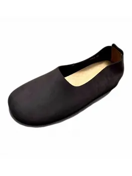 Vintage Erkek Yumuşak Deri Loafer'lar Üzerinde Kayma Rahat İnek Hakiki deri ayakkabı Yuvarlak Ayak El Yapımı Rahat Daireler sürüş ayakkabısı 5