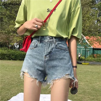 Vintage Kot şort Kadın Yıkanmış Delik Kore Tarzı Yüksek Bel İnce Öğrenciler Tüm Maç Kürk hatları Streetwear Retro Rahat