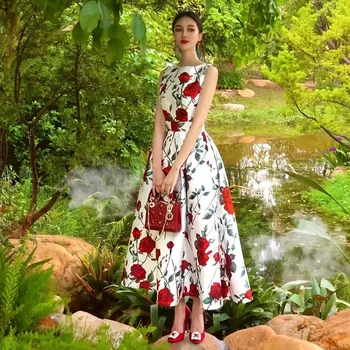 Yaz elbisesi Kadınlar 2023 Pist Gül Çiçek Bohemian Spagetti Kayışı Çiçek Baskı Tatil Parti Maxi Elbiseler