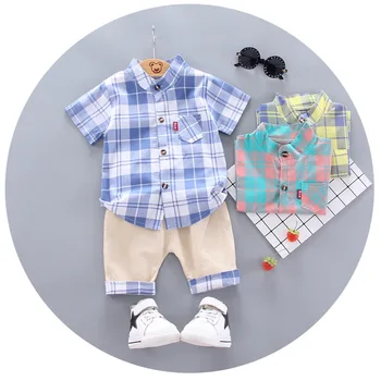 Yaz erkek bebek giyim takım elbise bebek beyefendi giyim şerit kısa kollu gömlek + pantolon 2 parça 1 2 3 4 yaşındaki erkek