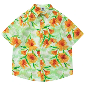 Yaz Erkekler Düğme havai gömleği Hip Hop Çiçek Grafik Baskı Plaj Gömlek Bluz Streetwear Harajuku Moda Rahat Aloha Gömlek