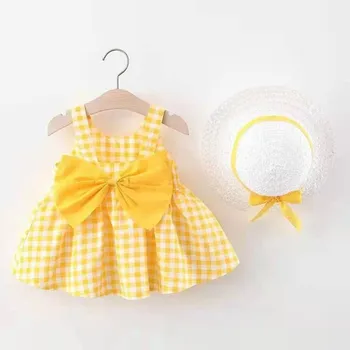 Yaz giysileri Bebek Kız Plaj Elbiseleri Rahat Moda Baskı Sevimli Yay Çiçek Prenses Elbise Sunhat Yenidoğan Giyim Seti