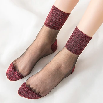 Yaz Moda Kadınlar Ultra İnce Şeffaf Çorap Glitter Kristal Cam İpek Çorap Güzel Dantel Parlak Elastik Kısa Çorap