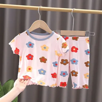 Yaz Çocuk Giysileri kısa kollu tişört Takım Elbise Baskılı Sevimli Bebek Kız 2 Parça Set Tees + şort Rahat Kıyafetler Çocuklar Ev Seti
