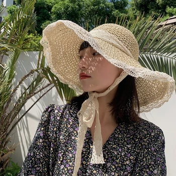 Yazlık hasır şapka Dantel plaj şapkaları Kadın Kore Rüzgar Geçirmez Halat Seyahat Geniş Ağız güneş şapkası Zarif Lolita Kova Şapka Tatil