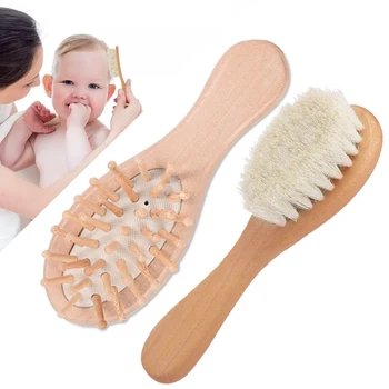 Yeni Bebek Bakımı Saf Doğal Yün Bebek Ahşap Fırça Tarak Fırça Bebek Saç Fırçası Yenidoğan Saç Fırçası Bebek Tarak Baş Masajı Fırça