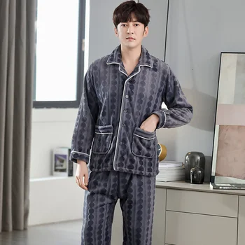 Yeni erkek Kış Kalınlaşmak Sıcak Pazen Pijama Setleri Erkek Uzun Kollu Hırka Pijama Pijama Gecelik Rahat Pijama Pijama