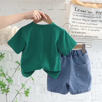 Yeni Erkek Yaz Takım Elbise Moda ve Serin Tarzı Japonya Kore çocuk Kısa Kollu Takım Elbise Bebek Gevşek Uydurma Kot 2 adet Spor Seti 1