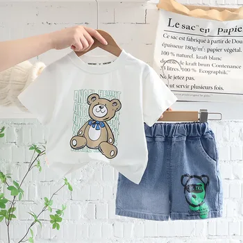 Yeni Erkek Yaz Takım Elbise Moda ve Serin Tarzı Japonya Kore çocuk Kısa Kollu Takım Elbise Bebek Gevşek Uydurma Kot 2 adet Spor Seti 2