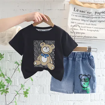 Yeni Erkek Yaz Takım Elbise Moda ve Serin Tarzı Japonya Kore çocuk Kısa Kollu Takım Elbise Bebek Gevşek Uydurma Kot 2 adet Spor Seti 4