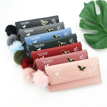 Yeni Moda Kadınlar Uzun Cüzdan Saf Renk Yün Topu Yay el çantası kart çantası bozuk para cüzdanı Standart Cüzdan PU Katı Polyester