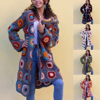 Yeni Sonbahar / Kış Renk Eşleştirme Kapşonlu Örme Hırka Orta uzunlukta Moda Rahat Kazak Ceket Kadın