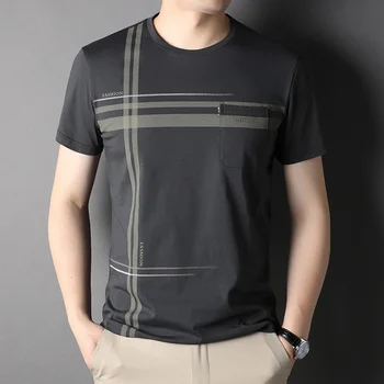 Yeni Yaz Merserize Pamuklu T Shirt Erkek Marka Tasarımcısı Şerit İş Rahat Klasik Nefes Kısa Kollu Tees Erkek 2023