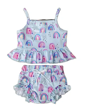 Yeni Yürümeye Başlayan Giysi Setleri Suluboya Gökkuşağı Baskı Mavi Fırfır Bebek Şort Kıyafetler Yaz Çocuk Jartiyer
