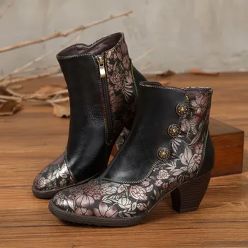 YourSeason Hakiki Deri Moda Kadın Retro Çiçekler Çizmeler Yuvarlak Ayak El Yapımı Özlü Kadın Yüksek topuklu Modern ayakkabılar 2023