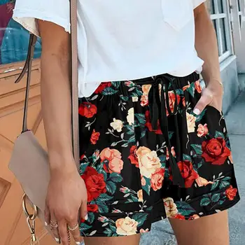 Yüksek Bel Elastik Kemer Kadın Şort Geniş Bacak Cepler İnce Retro Çiçek Baskı İpli Gevşek Şort Streetwear