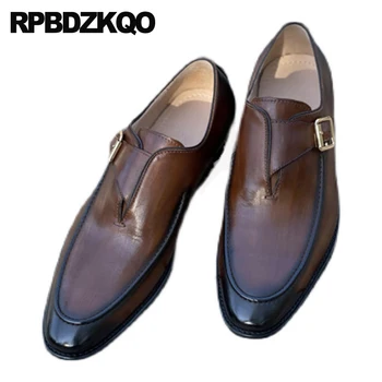 Yüksek Kalite Erkekler Gelin İngiliz Ayakkabı Resmi keşiş askısı Marka Elbise Ünlü Yuvarlak Ayak Daireler Metal Toka Inek Derisi Tasarımcı Balo 0