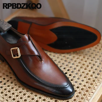 Yüksek Kalite Erkekler Gelin İngiliz Ayakkabı Resmi keşiş askısı Marka Elbise Ünlü Yuvarlak Ayak Daireler Metal Toka Inek Derisi Tasarımcı Balo 5