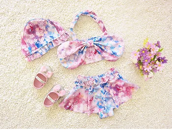 Yıldız Çiçekler Çocuk Kız Bikini 2 Parça Yüzme Suit Mayo Üst + Pantolon + Şapka Yaz Plaj Kıyafeti Büyük İlmek Mayo SA4026