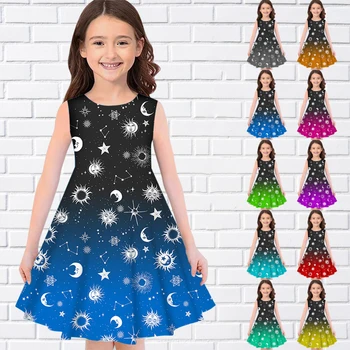 Yıldızlı Ay Desen 3D Baskı Yaz Kolsuz Kız Elbise Rahat Moda O-Boyun Kız Elbise Bayram İçin Güzel Kız Giyim