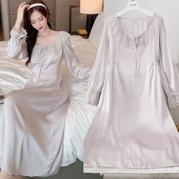 Zarif Gecelik Kadın Saray Tarzı Pijama Seksi Dantel Patchwork Ev Sabahlık Rahat Kıyafeti Uzun Kollu gece elbisesi