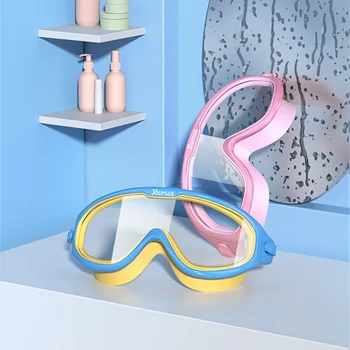 Çocuk Yüzmek Gözlük Kulak Tıkacı Seti Su Geçirmez Çocuklar için Anti-sis UV Koruma Büyük Çerçeve Açık yüzücü gözlükleri