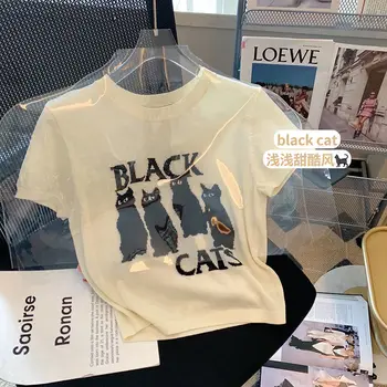 Örme T - shirt Kadınlar için Yaz Siyah Kedi Baskı Kawaii Tasarımcı Lüks Giyim Gevşek Üstleri Kore Moda Kısa Kollu Gömlek