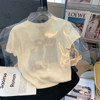 Örme T - shirt Kadınlar için Yaz Siyah Kedi Baskı Kawaii Tasarımcı Lüks Giyim Gevşek Üstleri Kore Moda Kısa Kollu Gömlek 1