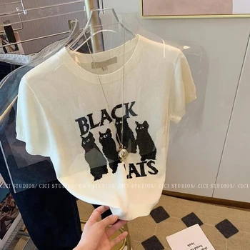 Örme T - shirt Kadınlar için Yaz Siyah Kedi Baskı Kawaii Tasarımcı Lüks Giyim Gevşek Üstleri Kore Moda Kısa Kollu Gömlek 2