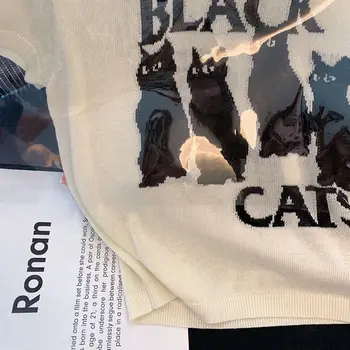 Örme T - shirt Kadınlar için Yaz Siyah Kedi Baskı Kawaii Tasarımcı Lüks Giyim Gevşek Üstleri Kore Moda Kısa Kollu Gömlek 3