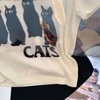 Örme T - shirt Kadınlar için Yaz Siyah Kedi Baskı Kawaii Tasarımcı Lüks Giyim Gevşek Üstleri Kore Moda Kısa Kollu Gömlek 4