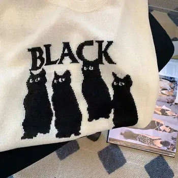 Örme T - shirt Kadınlar için Yaz Siyah Kedi Baskı Kawaii Tasarımcı Lüks Giyim Gevşek Üstleri Kore Moda Kısa Kollu Gömlek 5